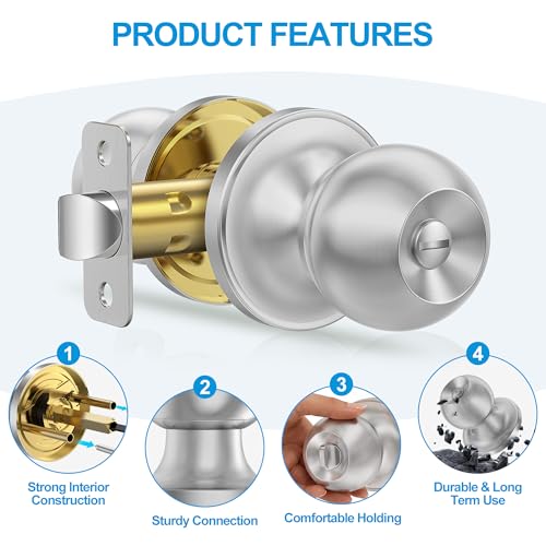 Plustool 10 Pack Privacy Door Knobs Interior, Satin Nickel Doorknob with Lock -ANSI Grade-3 Certified,Keyless Door Locks for Bedroom,Bathroom, Modern Heavy Duty Handle with Round Ball, Easy to Install