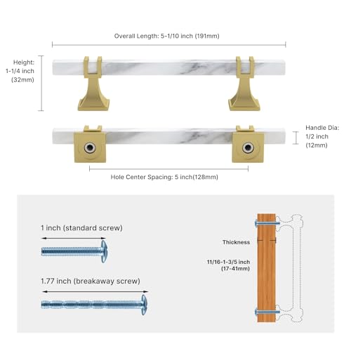 10 Pack 5 Inch White Marble Cabinet Pulls, Gold Marble Grain and Gold Handles, Kitchen Cabinet Hardware - color: White Marble & Matte Gold, size: 5 inch (128mm) Hole Center Pull