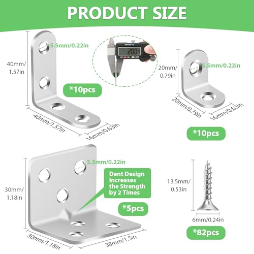 MAPVOLUT 25Pcs Silver L Brackets for Shelves, 3 Sizes Angle Corner Braces Metal L Bracket Heavy Duty for Wood, Sturdy and Rustproof for Repairing Furniture with 82Pcs Screws Mounting Bracket Easily - size: 3 SIZE Silver