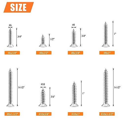 325 Pieces #6#8#10 Wood Screws Set, HELIFOUNER 8 Sizes Phillips Countersunk Head Self-Tapping Screws Assortment Kit, Phillips Flat Head Wood Screws, 304 Stainless Steel - size: #6#8#10