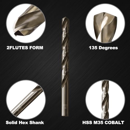 3/8 Cobalt Drill Bit for Metal and Hard Steel(5Pcs),M35 High Speed Steel Twist Jobber Metal Drill Bits,with Index Storage Case - size: 3/8 in (5 pcs)