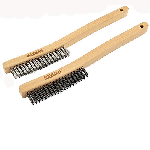 MAXMAN Wire Brush, Heavy Duty Carbon Steel and Stainless Steel Wire Brushes for Cleaning Rust, Grill, Paint Removal, Welding, Stiff Bristle Metal Brush with 14" Long Beech Wood Handle, Large, 2Pcs - style: 1 Stainless Steel Brush+ 1 Carbon Steel Brush