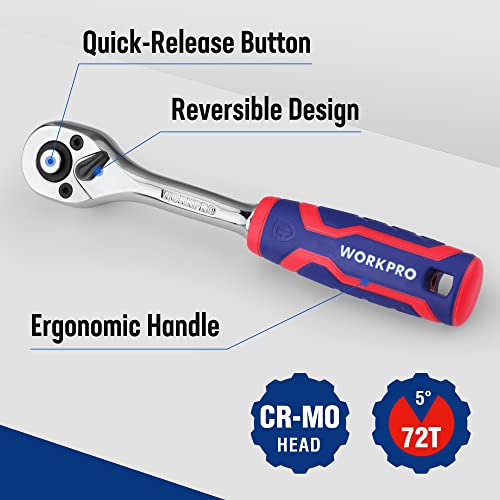 WORKPRO 1/2" Drive Ratchet Wrench, 72-Tooth Reversible - size: 1/2"