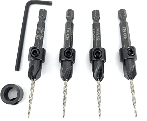 FTG USA #4 (7/64") Wood Countersink Drill Bit 4-Pc Set with 3/8" Depth Stop - size: #4, style: 4 Pc with Depth Stop