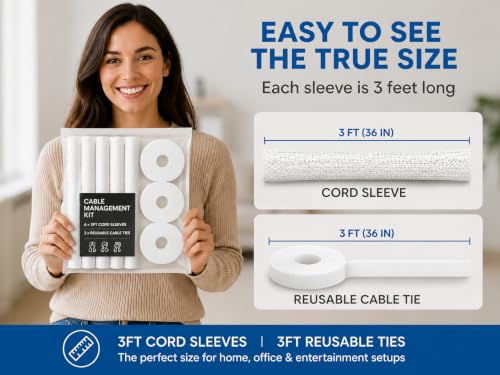 Cable Management Kit – 4 Pack 3FT Cord Sleeves + 3 Roll Reusable Cable Ties, Wire Organizer Wrap for TV, Desk, Computer, Home & Office, White
