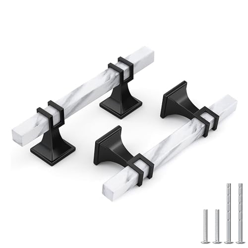 Haliwu 10 Pack 3 Inch White Marble Cabinet Pulls Zinc Black Kitchen Handles - color: White Marble & Black, size: Hole Center Spacing：76mm (3 inch)
