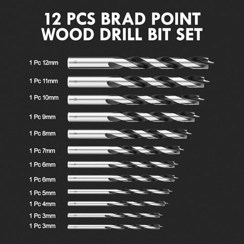 12Pcs (3mm - 12mm) Metric Brad Point Wood Drill Bit Set - size: Round Shank (0.118"-0.472") - 12pcs