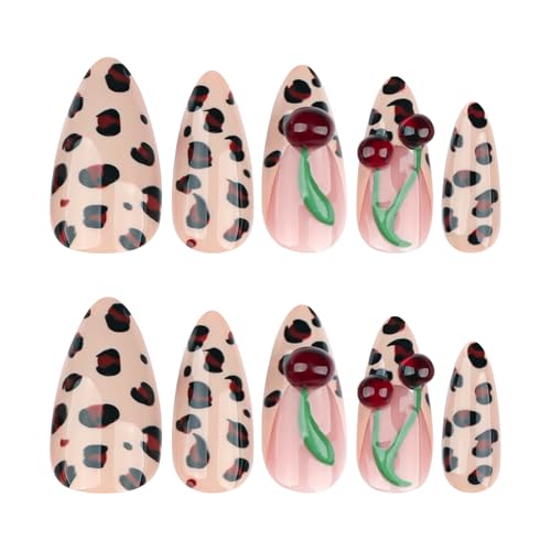 Spring & Summer 3D Cherry Leopard Print Press On Nails, Medium Almond Cheetah French Tip, Salon Quality Designer Reusable Acrylic Fake Nails, Stylish for Women’s Daily Wear & Birthday Parties - color: LF-3688, size: 24 Pieces (Pack of 1)