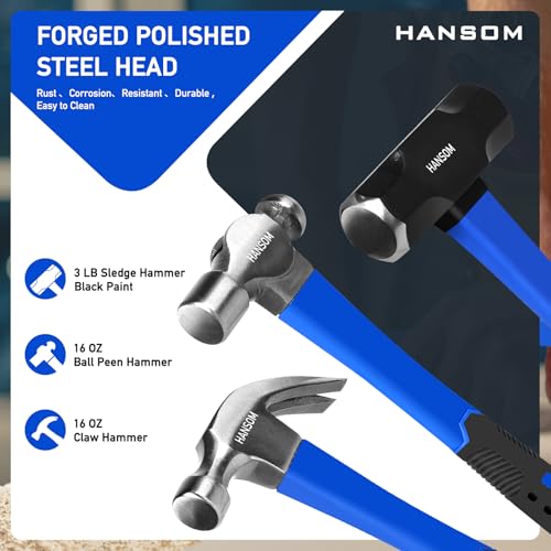 5-Pack Hammer Set,Rubber Mallet 32oz, Double-Faced Mallet 22oz,16oz Claw Hammer,16oz Ball Peen Hammer,3lb Sledge Hammer,Ergonomic Handle