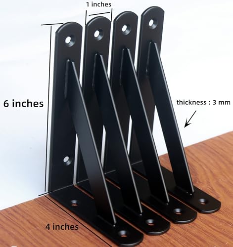 4 Pack L6 x H 4" Black Heavy Duty Shelf Brackets with Screws Metal Shelf Brackets Shelf Support Angle Brackets for Shelves L Brackets Heavy Duty Floating Shelf - size: 6''x4'', style: 4 Pack-Black
