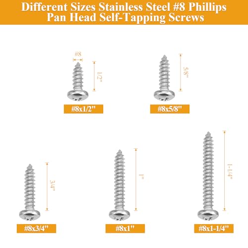 128 Pieces #8 x 1/2" 5/8" 3/4" 1" 1-1/4" Wood Screws Set, Phillips Pan Head #8 Self-Tapping Screws Assortment Kit, 304 Stainless Steel - size: #8, style: Phillips Pan Head