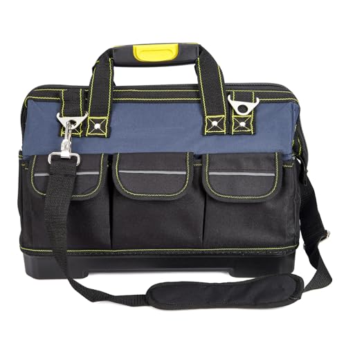 Garvee Heavy Duty 19 Inch Tool Bag with Waterproof Plastic Molded Base, Oxford Fabric Wide Mouth Tool Tote Organizer with Adjustable Shoulder Strap, for Men Mechanic Contractor, Blue