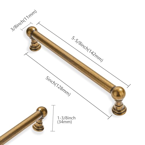 10 Pack 5 Inch Hole Center Antique Brass Cabinet pulls 100% Solid Heavy Duty Dresser Pulls Cabinet Drawer Pulls for Kitchen Cupboard Hardware - color: Antique Brass, size: 5 inch hole center