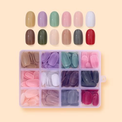 288 Pcs Press On Nails Short Almond Fake Nails Press Ons Set Full Cover Acrylic Glue on Nails Reusable Glossy Artificial Nail Kit Oval False Nails for Women Girls Manicure 12 Color - color: A004