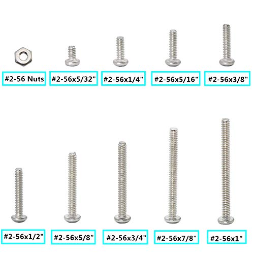 300Pcs #2-56 UNC Stainless Steel Phillips Pan Head Machine Screws Nuts Assortment Kit- #2-56x 5/32" 1/4" 5/16" 3/8" 1/2" 5/8" 3/4" 7/8" 1" - size: #2-56