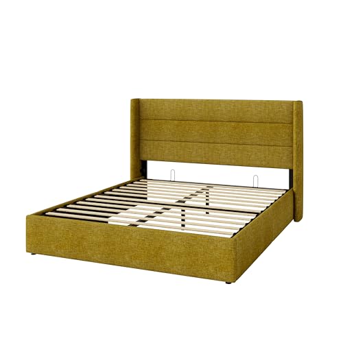 Allewie Full Size Lift Up Hydraulic Storage Bed Frame Olive Yellow - color: Olive Yellow, size: Full, style: Modern