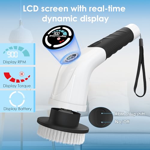 Electric Spin Scrubber, Cordless Cleaning Brush with 180 Min Runtime, 3-Speed, 7 Replaceable Brush Heads & Long Detachable Handle, LCD Display (RPM/Torque/Battery), for Bathroom, Kitchen, Tile