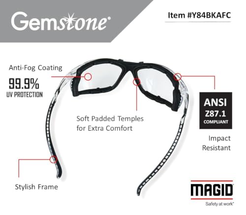 MAGID Gemstone Onyx Foam Lined Safety Glasses, ANSI Z87.1, Removable Foam Seal Blocks Dust & Debris, Anti-Fog UV Protection, Wraparound Gray Lens, Black Frame, 1 Pair, Y84 - color: Gray Lens, size: 1 Pair