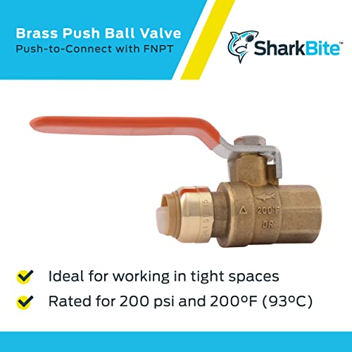 SharkBite 1/2 x 1/2 Inch Ball Valve with FNPT Connector, Push to Connect Brass Plumbing Fitting, PEX Pipe, Copper, CPVC, PE-RT, HDPE, 22182-0000LF - size: 1/2 in. x 1/2 in., style: SharkBite