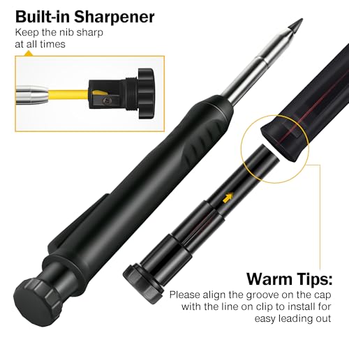 Hiboom 2 Pack Carpenter Pencils with Pencil Cap and 18 Refills, Black - color: Black