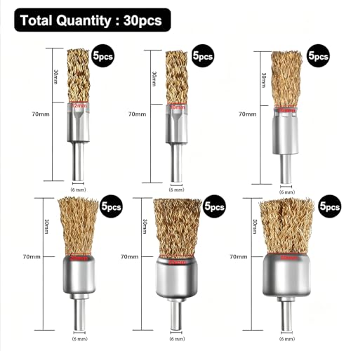 Brass Coated Wire Brush Set for Drill, 1/4 Inch Shank,Crimped Carbon Steel Bristles for Rust Removal, Paint Stripping, Corrosion Cleaning, Surface Scrubbing, Deburring (6 Sizes,30pcs) - size: 6 sizes,30pcs