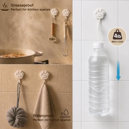 Cute Paw Self Adhesive Wall Hooks, Decorative Hooks for Walls No Damage 4lb | Small White Stick on Hooks for Keys, Dog Leashes, Towels and Bags, Ideal for Bathrooms, Kitchens, Entryways, Closets and RVs