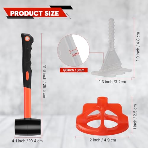 Tile Leveling System 1/8", 500 Pcs Tile Spacers and 200 Pcs Red Cap | Tile Leveling Clips with Hammer for Wall Ceramic Tile and Stone Installation, Effortless DIY Install, Precision Gap Control - size: 1/8 Inch 500Base+200Caps+Hammer