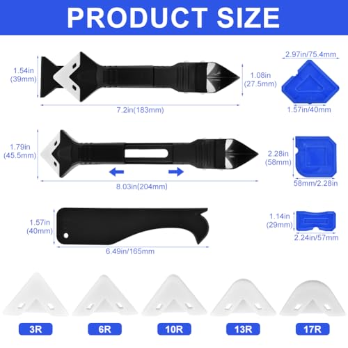 10 Pcs Silicone Caulking Tool, 3 in 1 Caulk Remover Tool | Grout Removal Tool with Replaceable Pad Glass Glue Angle Scraper, Sealant Finishing Tool for Kitchen Bathroom Tile Sink Joint