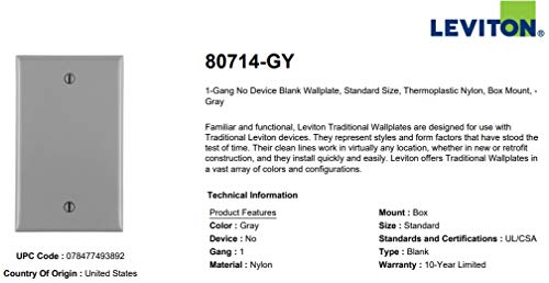 Leviton 1-Gang Blank Wallplate, Midway Size, PJ13-GY, Gray - color: Gray
