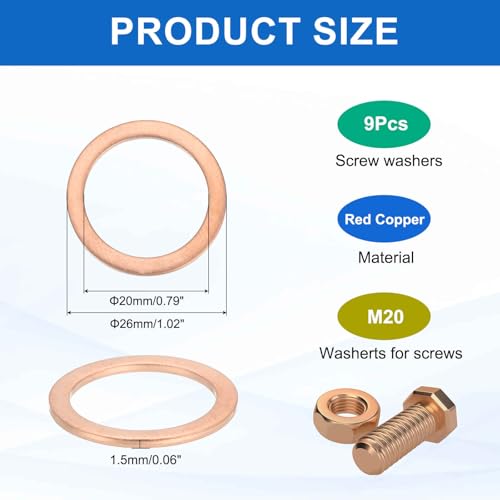 MECCANIXITY 9Pcs Flat Washer, M20 Copper Washers Copper Sealing Ring Crush Washer Kit Assortment, 20mm ID, 26mm OD, 1.5mm Thick for Bolts Screws Machinery Repair - size: 20mmx26mmx1.5mm