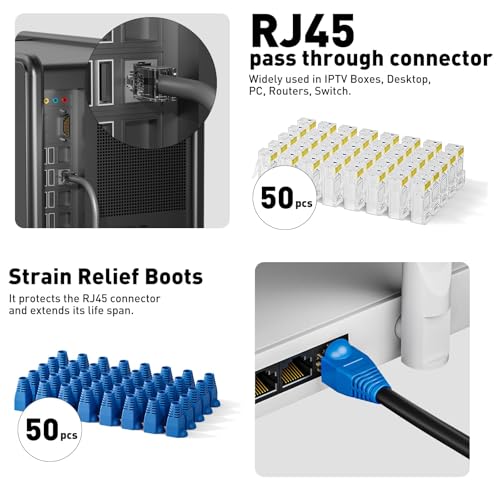 Ethernet Crimping Tool Kit RJ45 Crimp Tools,CAT5 Cat5e Cat6 RJ45 Crimping Tool Kit With Cable Tester, Multiply Stripper, Blades,50Pcs Cat 6 Pass Through Connectors and Strain Relief Boots