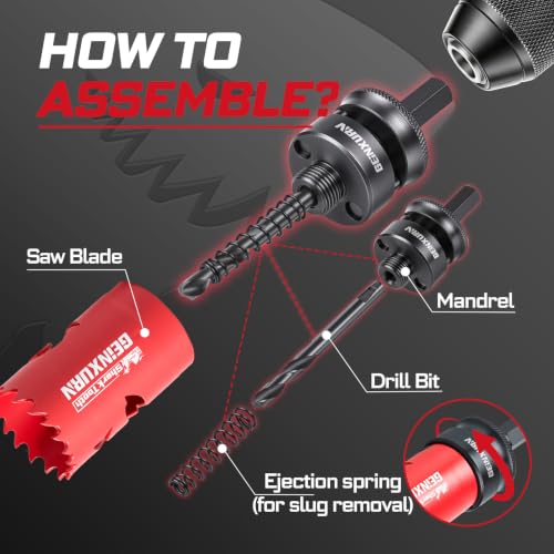 GEINXURN 9PCS Hole Saw Kit 7/8” to 2-1/2” (22mm-64mm) with Hole Saw Mandrel and Hex Wrench,HSS Bi-Metal Hole Cutter with Shark Tooth for Wood,Drywall, PVC Boards and Thin Metal - color: 9PCS 7/8“-2-1/2” Hole Saw Set with Mandrel