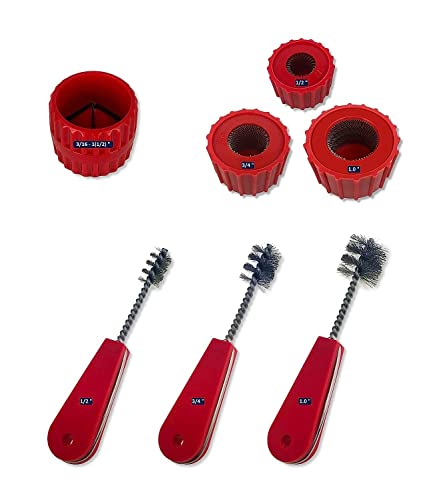 Copper Pipe Cleaner Set [7PC_3-Size] 3 Pipe Cleaning Brushes 3 Fitting Cleaners and 1 Reamer, Clean 1/2, 3/4, 1.0-Inch Pipes & Fittings for Soldering - style: [7PC]Set
