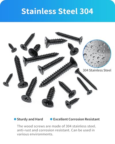550Pcs 304 Stainless Steel Wood Screws Assortment Kit, Phillips Flat Head Sheet Metal Screws Self Tapping Screws Set, #4#6#8#10#12 Wood Assorted Screw (Black-Flat Head 550PCS) - style: Black-Flat Head 550PCS