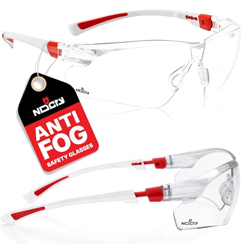 NoCry Clear Safety Glasses for Men and Women; Lightweight Work Glasses with Adjustable Frames and No-Slip Grips; Scratch Resistant Anti Fog Safety Glasses with Superior UV Protection, ANSI Z87.1 Rated - color: White & Red