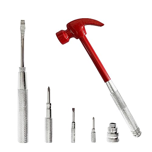 Red 6 in 1 Multitool Mini Hammer & Screwdriver Set - Camping Hand Tools with Metal Hammer Head - color: Red