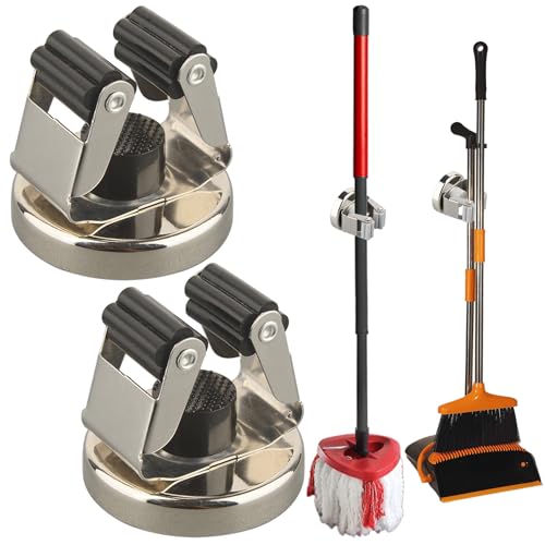 MUTUACTOR Magnetic Broom Holder,Anti-broken Broom and Mop Tool Holder,2PCS Adjustable Magnet Holder Broom Mop Clip with 360 Swivel Rack for Hanging in Metal Door Refrigerators Washer Machine - style: Anti-broken,Silver&Black,2PCS