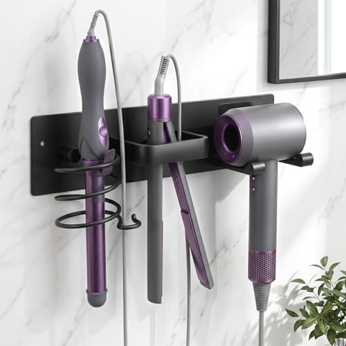 Hair Tool Organizer Wall Mount, Bathroom Storage Rack with Dryer Holder, Flat Iron Stand, Curling Iron Caddy, 3-in-1 Heat-Resistant Hair Rack, No-Drill Adhesive or Screw Mount, Matte Black - style: Black Hook style