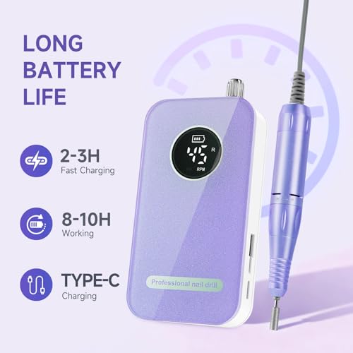 Pro Nail Drill, 45000RPM Rechargeable Cordless Electric File,Purple - color: Purple