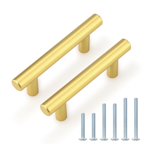 Probrico 5 Pack 2-1/2 inch Center-to-Center Kitchen Cabinet Pulls T Bar Gold Cabinet Handles Modern Drawer Hardware Dresser Pulls, 4 inch Total Length - color: Gold, size: hole center 2-1/2"