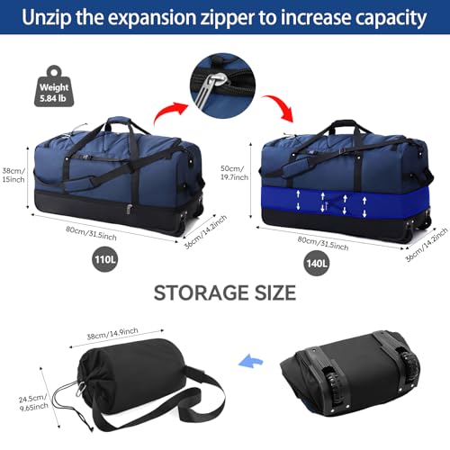 110L Expandable to 140L 32” Foldable Oxford Soft-Sided Rolling Duffle Bag with 2 Heavy-Duty Wheels,2 Large Compartments,Adjustable Shoulder Strap and Attached Organizer Pouch,Navy Blue - color: Navy Blue