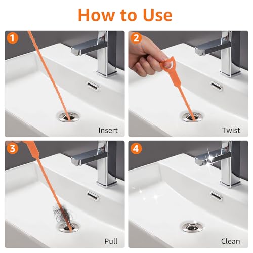 Amazon Basics Drain Clog Remover Tool, 6 Pack with 5 Plastic and 1 Stainless Steel Drain Snakes, Hair Unclogger for Toilet, Kitchen Sink, Bathroom Tub, Shower, Sewer