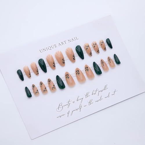 LPOODDNU Almond Press on Nails - Dark Green Medium Fake Nails with Leaf Designs, Glossy Finished Reusable False Nails with Double Adhesive Glue Tabs - 24Pcs Nail Kit for Women Manicure - color: dark green leaf