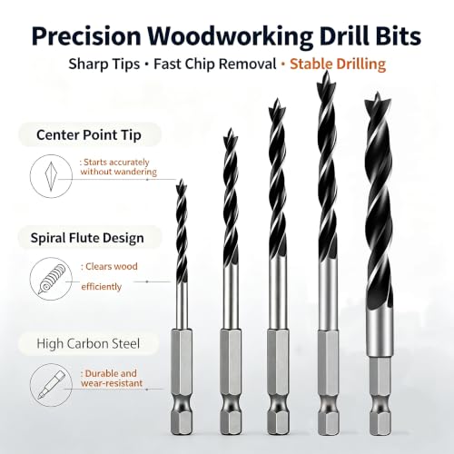 Brad Point Drill Bit Set, 5PCS Wood Drill Bits 1/8"-5/16" with Quick Change Hex Shank - Wood Drill Bit Set Professional for Hardwood, Plywood, Plastic, Ideal for Carpentry, DIY & Woodworking Projects - size: 5pcs1/8-5/16