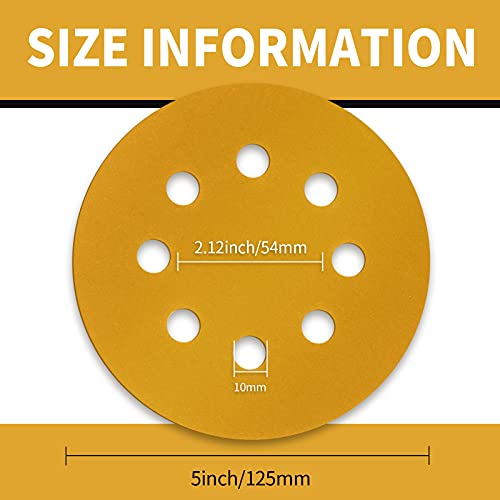 100 Pcs 5 Inch Sanding Discs Hook and Loop, 8 Hole Gold Premium 320 Grit Dustless Random Orbit Sandpaper for Woodworking or Automotive - style: 320 Grit-100 Discs