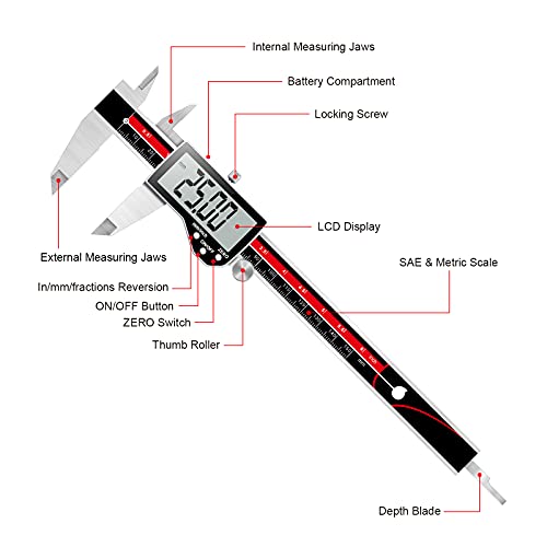 Qfun 6 Inch Digital Vernier Caliper Metal Metric Precision Measuring Tools | IP54 Waterproof ,Large LCD Screen & Auto-Off,Inch/Millimeter/Fraction Measurement Micrometer for Jewelry Engineer Carpenter