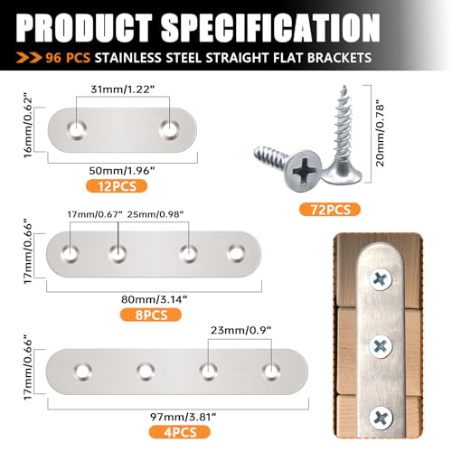 mankk 96PCS Flat Metal Brackets Mending Plate Stainless Steel Flat Straight Brace Brackets Fixed Connecting Plate for Wood Repair Fixing - color: Silver-50/80/100mm