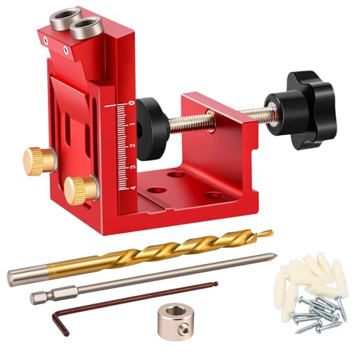 Pocket Hole Jig Kit - Metal Drilling Locator - Woodworking Joint Angle Guide Tool - Pocket Screw Jig System with Depth Setting Collar and 2 Carbon Steel Drill Bit (Pocket Hole Jig Kit)