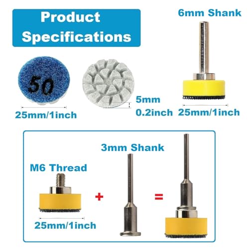 1inch 25mm Mini Diamond Polishing Pad 16Pcs/Set, 7 Different Grit 50#-3000# Water Sanding Discs & M6 Thread 3mm/6mm Shank Hook & Loop Backing Holder for Detail Fine Grinding - style: 3mm 6mm Shank 7Grit