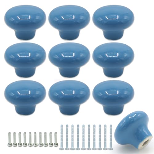 10-Pack Ceramic Cabinet Knobs Blue 32mm Round Drawer Pull - color: Blue